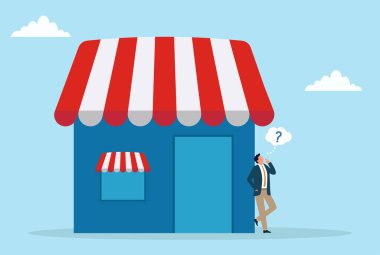 Büyük bir mağazanın önünde düşünceli bir şekilde duran bir işadamının vektör çizimi, karar vermeyi, iş planlamasını, küçük işletme yönetimini ve girişimci stratejisini sembolize ediyor.