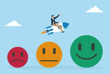 Üzgün, nötr ve mutlu yüzlerin üzerinde roket süren bir işadamının vektör çizimi, başarıyı, ilerlemeyi, olumlu gelişimi, motivasyonu ve düşük performanstan yüksek performansa geçişi sembolize ediyor.