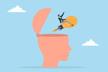 Açık bir kafadan çıkan roket motorlu bir ampulle ortaya çıkan bir iş adamının vektör çizimi yaratıcı düşünceyi, yenilikçi fikirleri, hayal gücünü ve büyük bir ilham kaynağını sembolize ediyor.