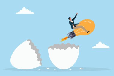 Kırık bir yumurtadan çıkan roketle çalışan bir iş adamının vektör çizimi, yeni başlangıçları, yaratıcı fikirleri, yenilikleri ve çığır açan başarıyı simgeliyor.