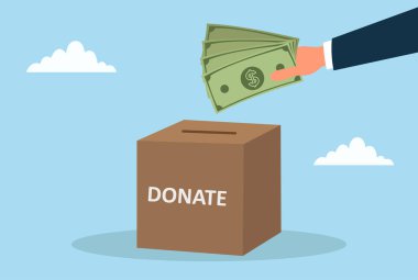 Yardım, şefkat, cömertlik, maddi destek, toplum yardımı, bağış toplama, bağış yapma ve insani katkıları simgeleyen bağış kutusuna para koyan bir elin vektör çizimi