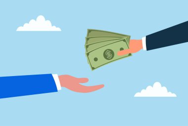 Bir elin diğer ele para vermesi, ödemeyi, bağışı, mali işlemleri, maaşı, iş anlaşmasını, hayır kurumunu, desteği veya para alışverişini sembolize eden vektör çizimi