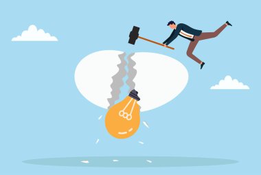 Vector illustration of a businessman breaking an egg with a hammer revealing a light bulb inside, symbolizing innovation, creativity breakthrough, new ideas, risk taking, and business success