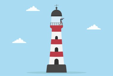 Bir deniz fenerinin tepesinde duran bir iş adamının vektörel çizimi bir teleskop aracılığıyla vizyonu, liderliği, gelecek planlamasını, yönü, fırsatı ve iş stratejisini sembolize ediyor.