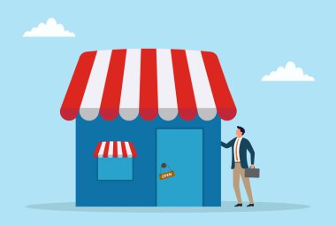 Küçük bir dükkanın önünde açık tabela ile duran bir işadamının vektör çizimi, girişim, girişimcilik, perakende mağaza açılımı ve küçük işletme büyümesini temsil ediyor