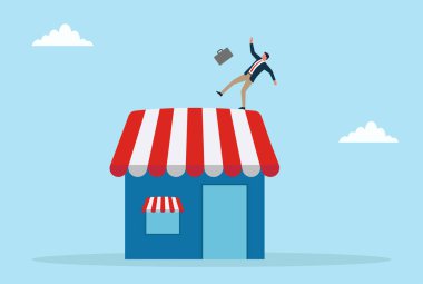 Bir dükkanın üstünde dengesini kaybeden bir işadamının vektör çizimi, iş risklerini, istikrarsızlığı ve küçük bir işletmeyi yönetirken karşılaştığı zorlukları simgeliyor