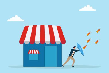 Küçük bir dükkanı yaklaşan tehditlerden korumak için kalkan kullanan bir işadamının vektör çizimi, iş koruma, risk yönetimi ve zorluklara karşı koruma anlamına geliyor