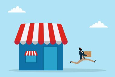 Küçük bir dükkandan elinde karton bir kutuyla kaçan maskeli bir hırsızın vektör çizimi, hırsızlığı, hırsızlığı, suçu veya güvenlik riskini simgeliyor.