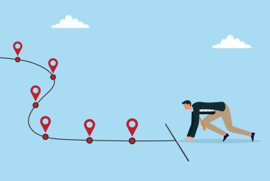 Başlangıç çizgisinde yer iğneleriyle işaretlenmiş bir yol ile bir işadamının vektör çizimi, planlama, hedef belirleme, iş seyahati ve başarı için yol haritası