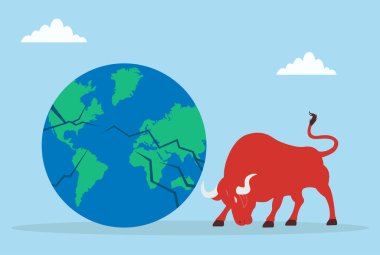 Bir kızıl boğanın kürenin kırılmasının, cesur eylemi, küresel bozulmayı, gücü, meydan okuyan limitleri ve durdurulamaz gücü temsil eden bir temsili.