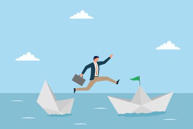 Batan kağıt tekneden daha güvenli bir tekneye atlayan bir iş adamının vektör çizimi cesur kararları, risk almayı ve iş dünyasındaki daha iyi fırsatları kovalamayı simgeliyor.
