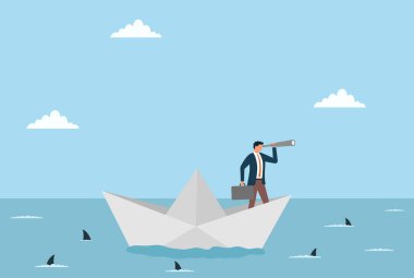 Kağıt bir teknede durup teleskopla izleyen, görüşü, stratejiyi, keşfi, öngörüyü ve gelecek planlamasını sembolize eden bir işadamının temsili.