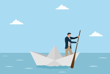 Denizlerde kürek çeken bir iş adamının vektör çizimi liderlik yönünü, dayanıklılığı bağımsız karar verme ve iş dünyasının zorluklarını simgeliyor.