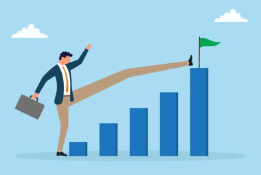 Uzun bacaklarını hedef bayrağa doğru açan bir işadamının vektör çizimi, hırsı, hedef başarısını, kararlılığını ve iş başarısını simgeliyor.