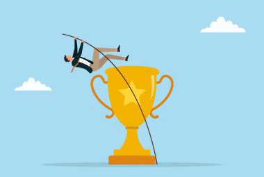 Altın bir kupa üzerine atlayan bir iş adamının vektör illüstrasyonu başarı başarısını, iş başarısını, zaferi ve zorlukları aşmayı simgeliyor.