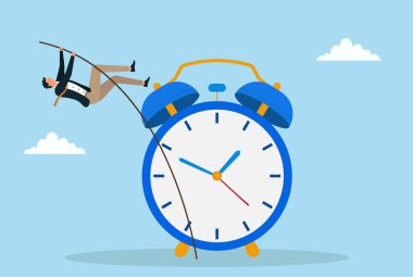 Bir iş adamının alarm saatinin üzerine atlayan bir direğin vektör çizimi zaman yönetiminin son teslim tarihlerini yenmesini ve iş dünyasında başarı elde etmeyi simgeliyor.