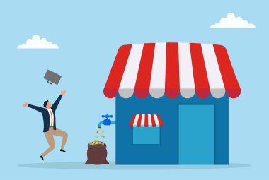 Küçük işletme kar kavramının vektör çizimi, mutlu bir işadamı gelir ve iş büyümesini kutlarken, para çantasına istikrarlı nakit akışı sağlayan bir dükkan gösteriyor.