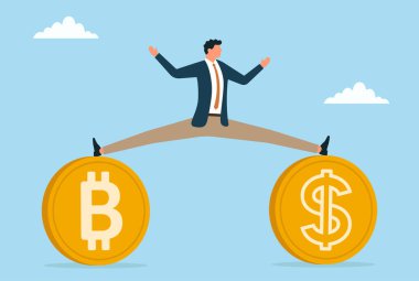 Bir işadamının bir ayağı Bitcoin 'in üzerinde diğerini de bir doların üzerinde dengeleyen vektör çizimi, mali stratejiyi, yatırımı, risk yönetimini ve zenginlik büyümesini sembolize ediyor