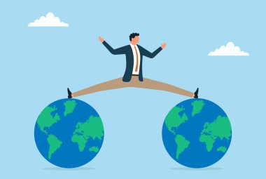 Küresel ticareti, uluslararası stratejiyi, liderliği, çoklu görevleri ve girişimci vizyonunu sembolize eden, iki ayaklı bir işadamının vektör çizimi