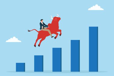 Yükselen bar tablolarının üzerinde kırmızı boğaya binen bir işadamının vektör çizimi, Bullish pazar eğilimi, finansal büyüme, yatırım başarısı, güven ve güçlü iş momentumunu sembolize ediyor