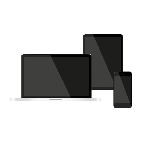 Tabletta laptop és a telefon fehér háttéren sötét képernyő — Stock Vector