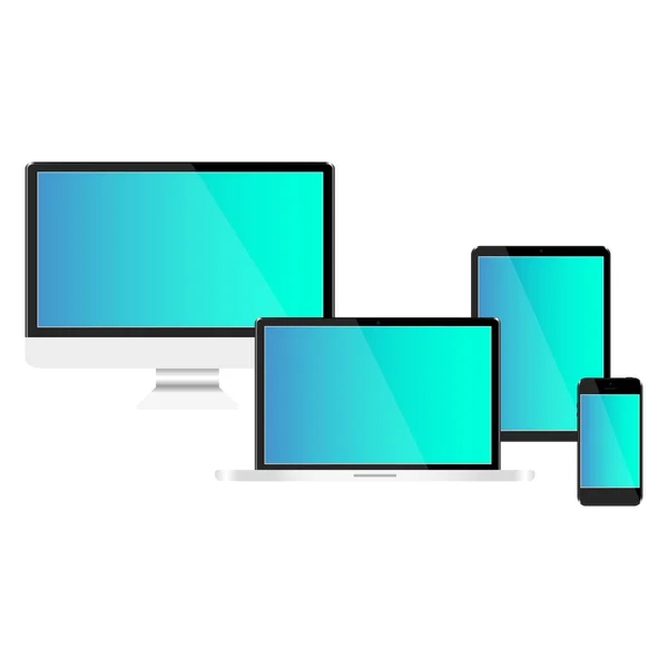 Set realistische Tablet-Laptop-Bildschirm und Handy mit farbigem Hintergrund — Stockvektor