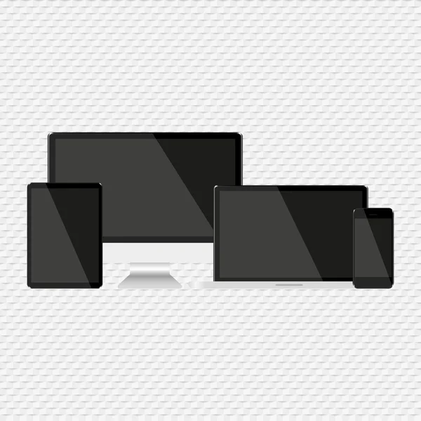 Set con pantallas oscuras Ordenador Cuaderno Tableta y teléfono sobre fondo gris — Vector de stock
