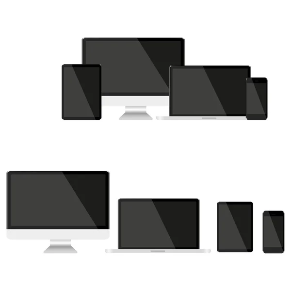 Set med mörka skärmar dator Notebook Tablet PC och telefon på en vit bakgrund — Stock vektor