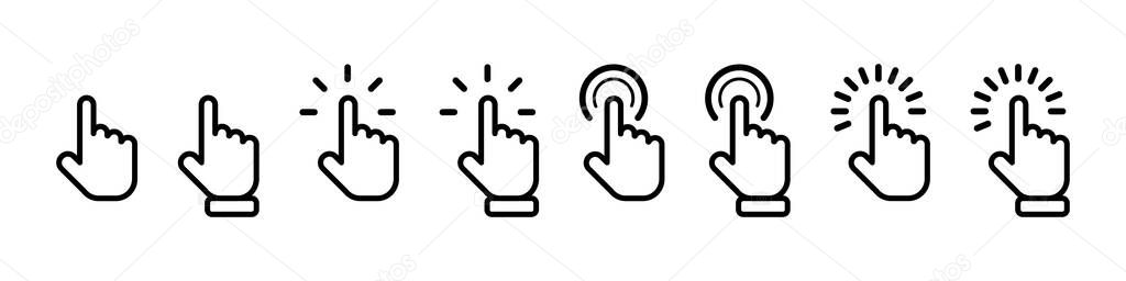 Cursor click collection. Cursor computer mouses, isolated. Clicking cursor vector icons. Pointing hand clicks. Vector illustration