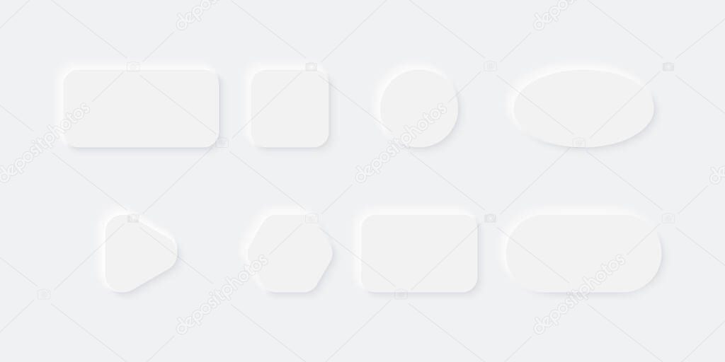 White Buttons in Neomorphism design. Blank Buttons different shape with shadow. Vector illustration