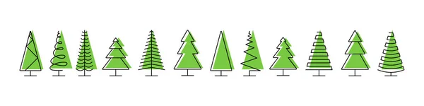 矢量图标 一排排的树的图标 孤立的 全景全景 圣诞树的线条扁平设计 矢量说明 — 图库矢量图片