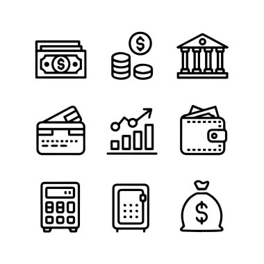 Beyaz arka planda izole edilmiş dokuz mali ve işle ilgili çizgi simgesi koleksiyonu