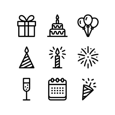 Beyaz arka planda izole edilmiş, doğum günü ve kutlama unsurlarını temsil eden dokuz basit çizgi simgesi kümesi