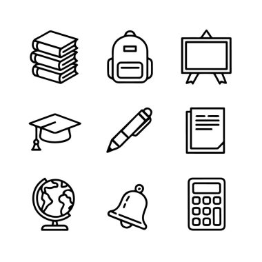 Eğitim ve okul malzemeleriyle ilgili dokuz ana hatlı simge, beyaz bir arkaplanda izole edilmiş.