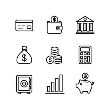 Beyaz arka planda izole edilmiş dokuz finansal ve bankacılık hattı simgesi