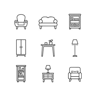 Beyaz arka planda izole edilmiş, ev iç tasarımı için çeşitli mobilya parçalarını tasvir eden dokuz adet siyah taslak simgesi.