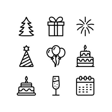 Beyaz arka planda izole edilmiş, doğum günü ve kutlama unsurlarını temsil eden dokuz basit siyah çizgi resim simgesi koleksiyonu