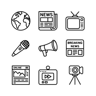 Beyaz arka planda izole edilmiş, medya, haber ve iletişim unsurlarını temsil eden dokuz siyah çizgi resim simgesi