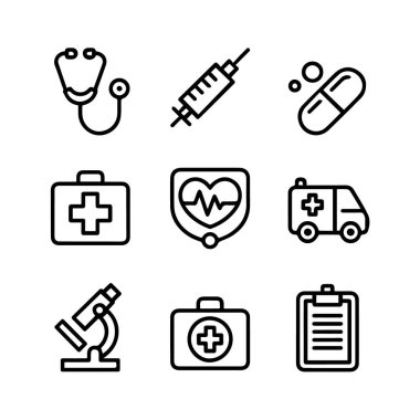 Steteskop, şırınga, hap, ilk yardım çantası, ambulans, mikroskop ve beyaz arka planda izole edilmiş pano içeren sağlık hizmetleri ve tıbbi ikonların toplanması