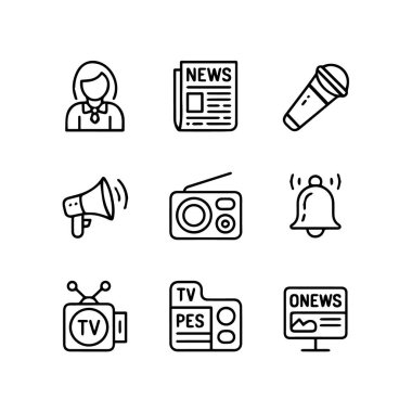 Beyaz arka planda izole edilmiş, mikrofon, gazete, radyo, televizyon ve megafon gibi haber ve medya simgeleri