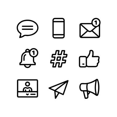 Beyaz arkaplanda izole edilmiş sosyal medya ve iletişim simgeleri kümesi