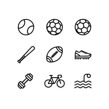 Toplar, yarasa, ayakkabı, halter, bisiklet ve yüzme gibi spor simgelerinin toplanması, beyaz arka planda izole edilmiş