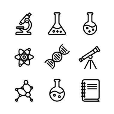 Mikroskop, DNA, atom, teleskop, matara ve defter içeren bilim ve araştırma simgeleri beyaz arka planda izole edilmiştir.