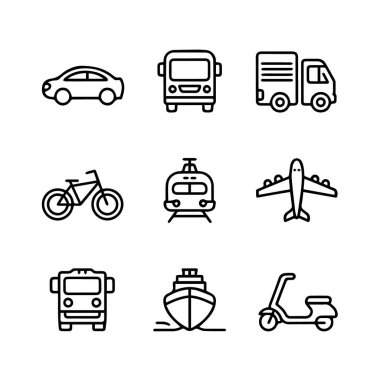 Araç, otobüs, kamyon, bisiklet, tren, uçak, gemi ve scooter ikonları beyaz arkaplanda izole edildi