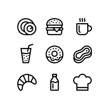 Beyaz arka planda izole edilmiş hamburger, çörek, biftek ve kahve fincanı gibi yiyecek ve içecek öğeleri için basit çizgiler.