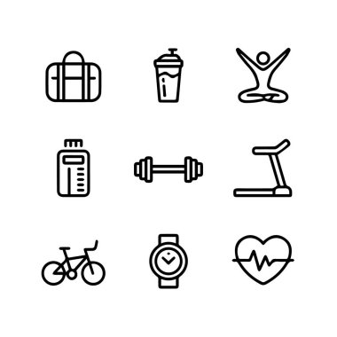 Halter, koşu bandı, yoga pozisyonu ve beyaz arka planda izole edilmiş su şişesi de dahil olmak üzere spor ve sağlık simgeleri koleksiyonu