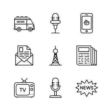 Beyaz arka planda bir haber aracı, mikrofon, akıllı telefon ve televizyonun yer aldığı medya ve iletişim simgeleri