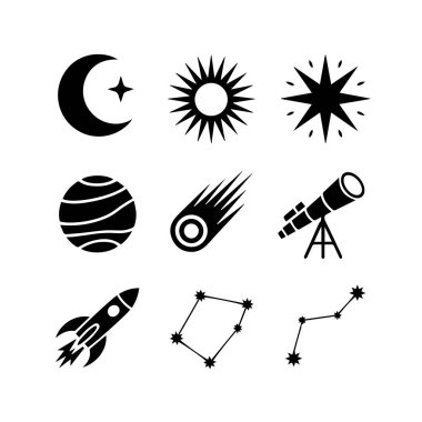 Astronomi simgeleri ve uzay koleksiyonu. Beyaz arka planda izole edilmiş bir ay, güneş, yıldız, gezegen ve roket.