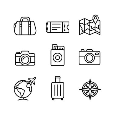 Beyaz arkaplanda izole edilmiş seyahat ve macera için dokuz siyah özet simgesi kümesi