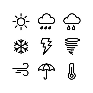 Beyaz arkaplanda güneş, bulutlar, yağmur, kar tanesi, şimşek, rüzgar, şemsiye ve termometrenin yer aldığı hava simgelerinin toplanması